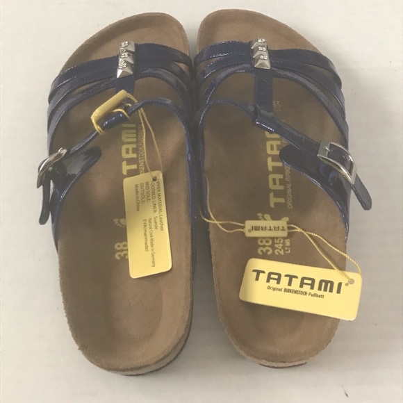 NEW BIRKENSTOCKS Blue Rhinestone Leather Suede Cork Sandals Tatami Size 38 US 7 - Picture 9 of 13